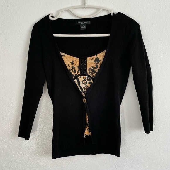August Silk Knits Ribbed Knit Black Sweater with Animal Print Underlay S… - Picture 1 of 4
